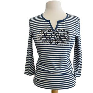 NWT esprit stripped nautical shirt 3/4 sleeves medium 100% cotton jersey V neck